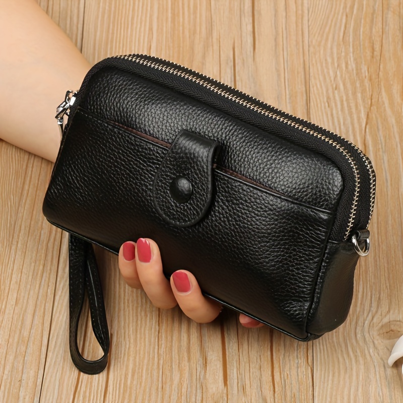 TEMU Authentic Leather Clutch Bags For Women, Featuring A Long Wallet Design With A Zipper, Wrist Strap, And Compartments For Phones