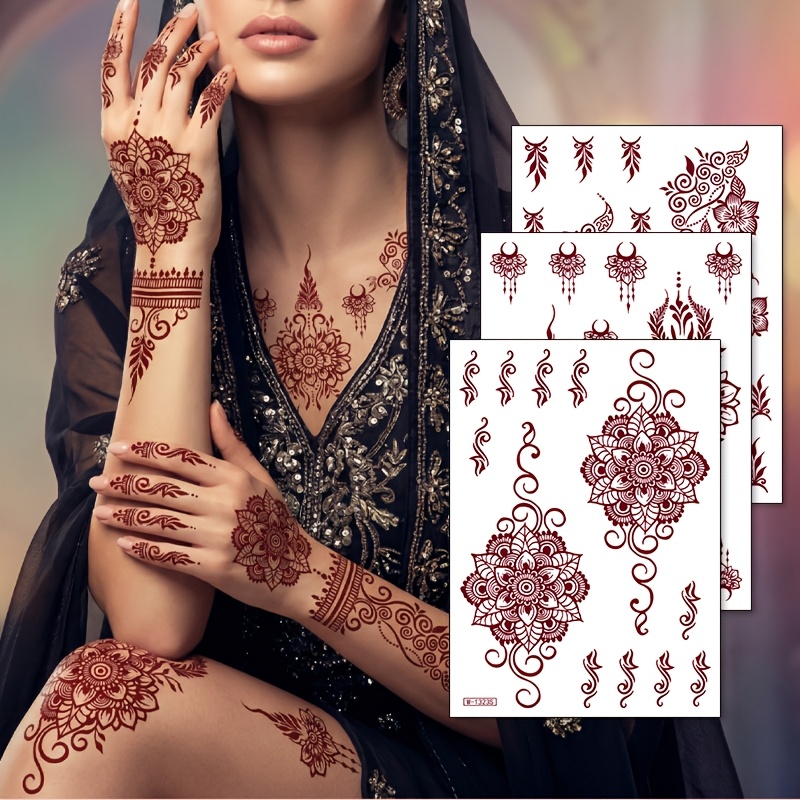 TEMU 3pcs Vermilion Henna-style Temporary Tattoo Stickers, Indian Mandala & Floral Patterns, Waterproof & Long-lasting, For Eid, Wedding, Festival &