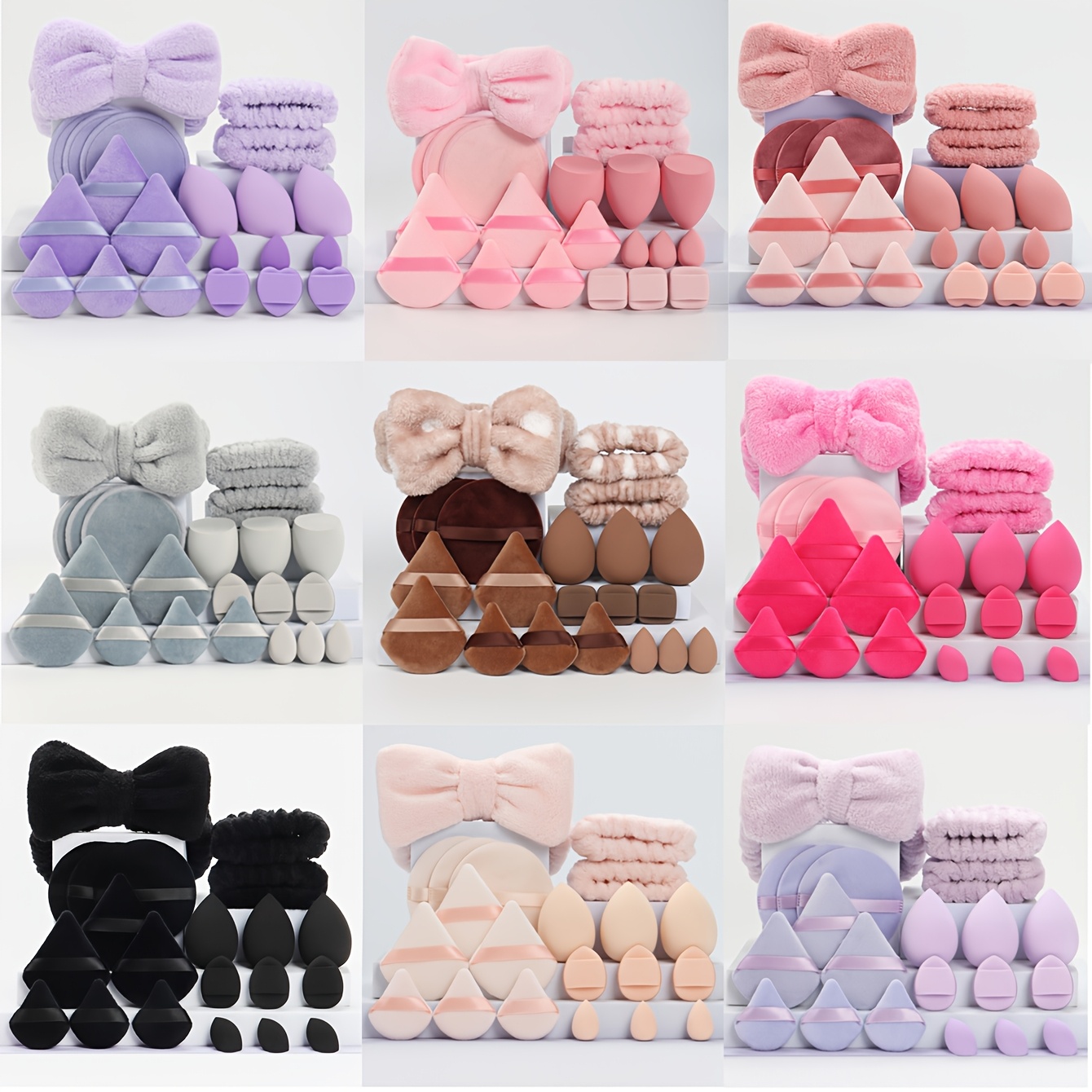 

A Set Of 21 Hair Accessories, Including 1 Headband, 2 Wristbands, 6 Powder , 3 Beauty Blenders, 3 Finger Cushions, 3 Makeup Remover Pads, And 3 Sponges.