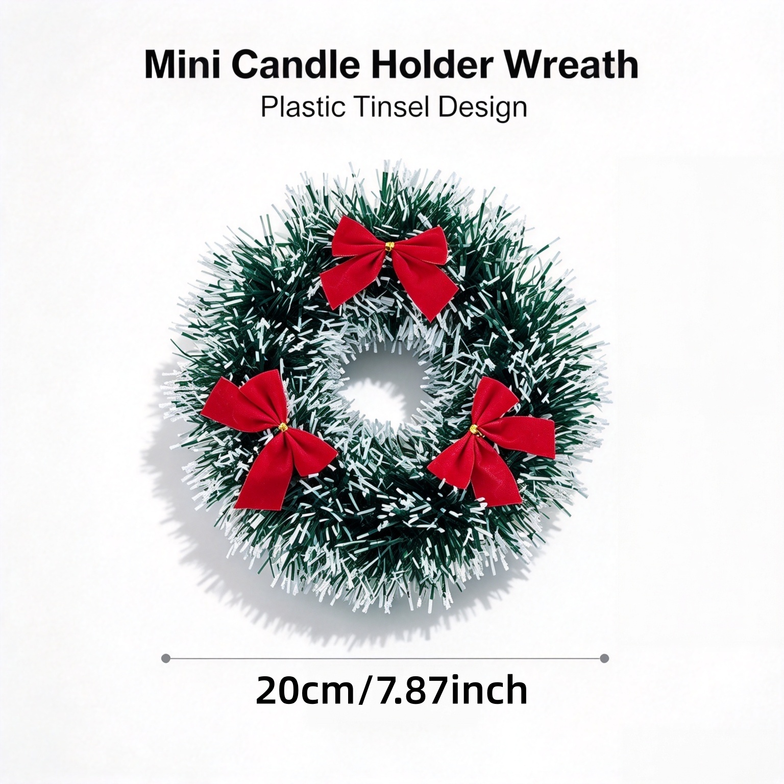 TEMU 1pc Christmas Holiday Candlestick Wreath, Green White Sequined Plastic Tinsel Mini Wreath With Bow, Table Centerpiece, Festive Atmosphere