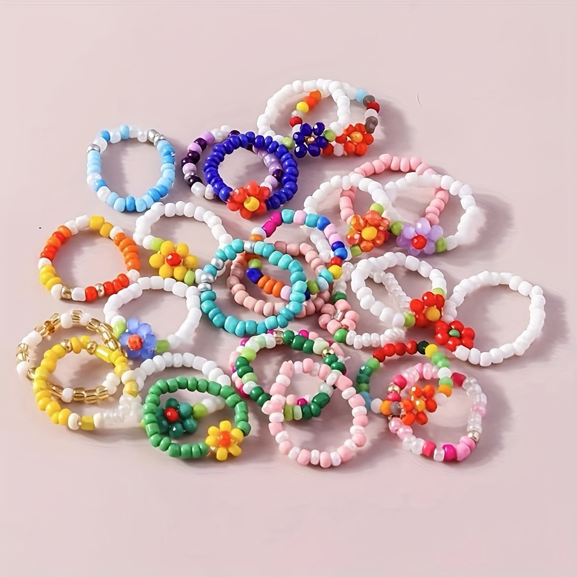Bohemian Beaded Rings & Floral Bracelets Set