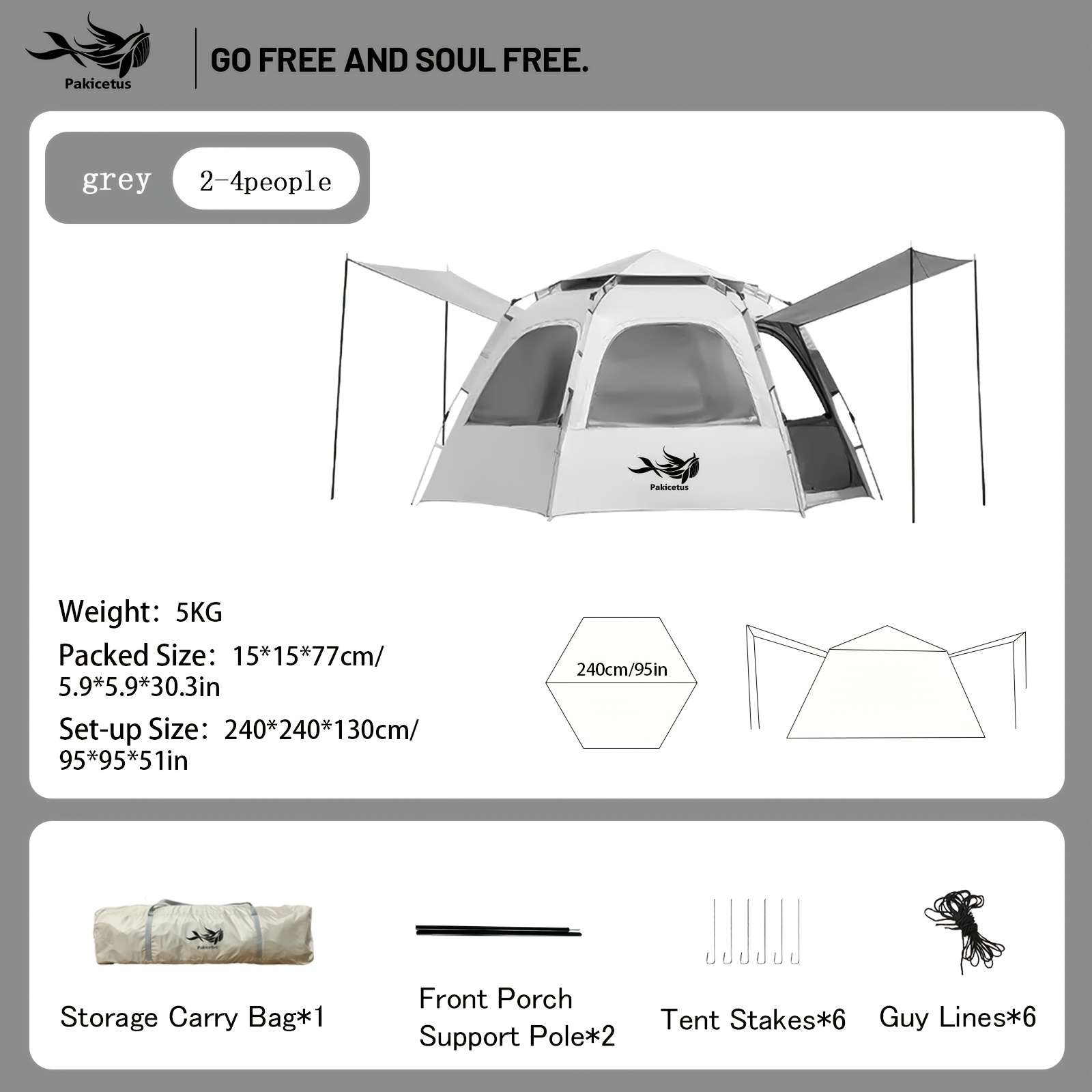 Image of Pakicetus Pop Up Camping Tent, Instant Setup Windproof Tent - Lightweight Portable, Double Door 4 Windows, Provides Ventilation And A More , Suitable For Hiking, Beach Camping Outdoor Backpack Tent