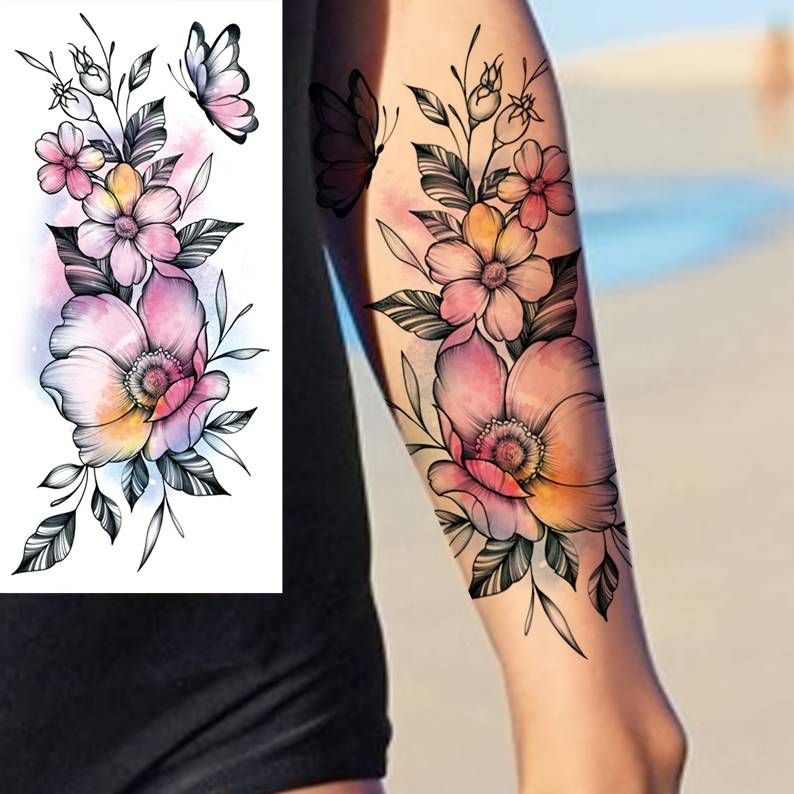 8 sheets watercolor peony sunflower flower temporary tattoos - Temu 55 Sheets Temporary Tattoos,8 Sheets Full Arm Waterproof Flower Cl