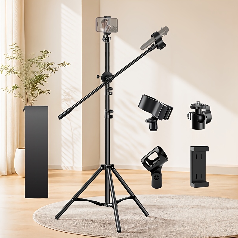 TEMU Microphone Stand, Floor-standing Boom Arm Microphone Stand With 360-degree Ball Head Phone Holder, Dual Microphone Clips, Includes Storage Bag,