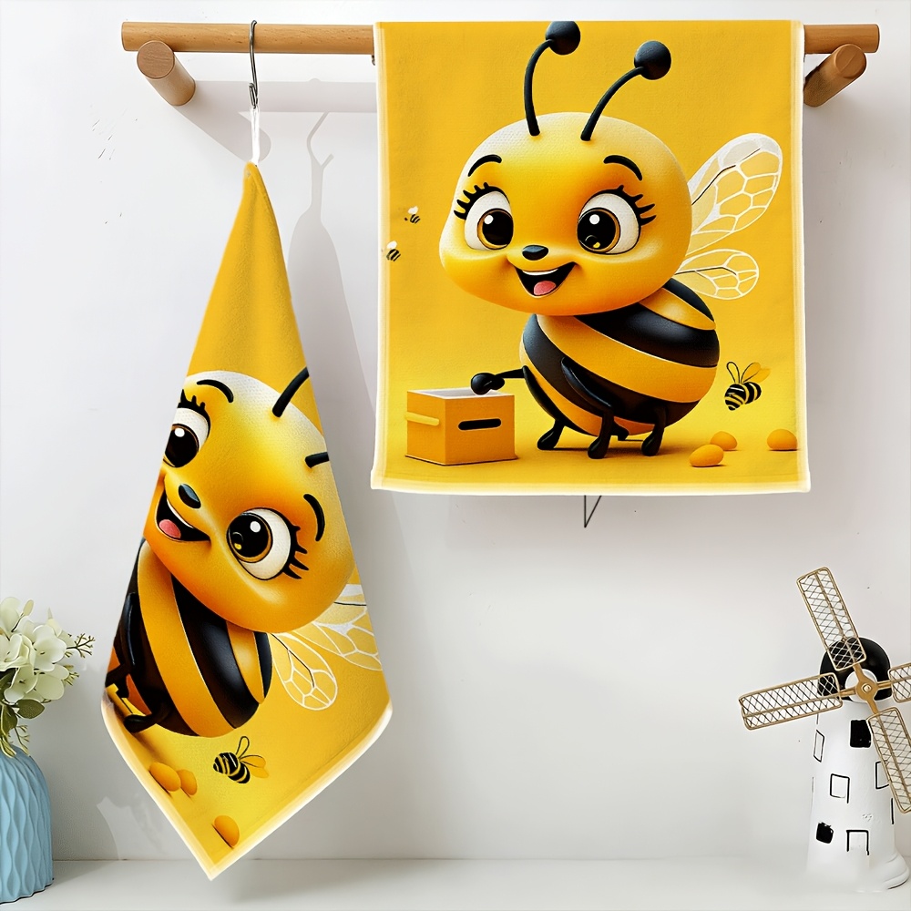 TEMU 2pcs, Cartoon Bee Theme, Polyester Material Kitchen Dish Towels, Bathroom Face Towels, Suitable For Face Washing, Hand Drying, Dish Wiping,
