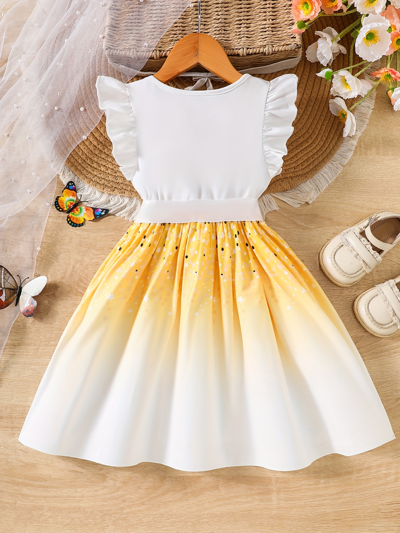 Girls' Print Dress Casual Knit, Sleeveless, Ruffle Detail, White with  Pink and Purple Spring/Summer, Beach, Holiday, and Party Wear, Beach