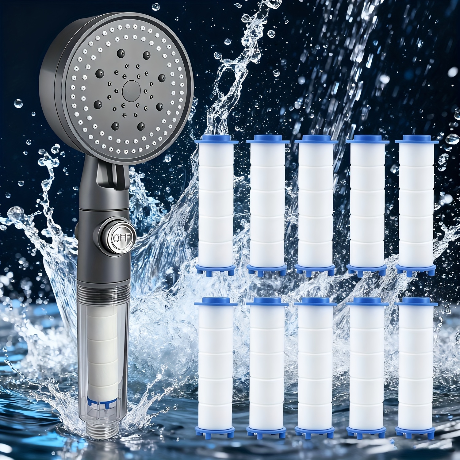 Image of 11pcs Hot-selling Off Filter Showerhead With Filter Cartridge, Pressure-enhancing Shower Set Rain Showerhead Anti-clogging Handheld 5-speed Bath Showerhead, For Bathroom And Bathtub Use