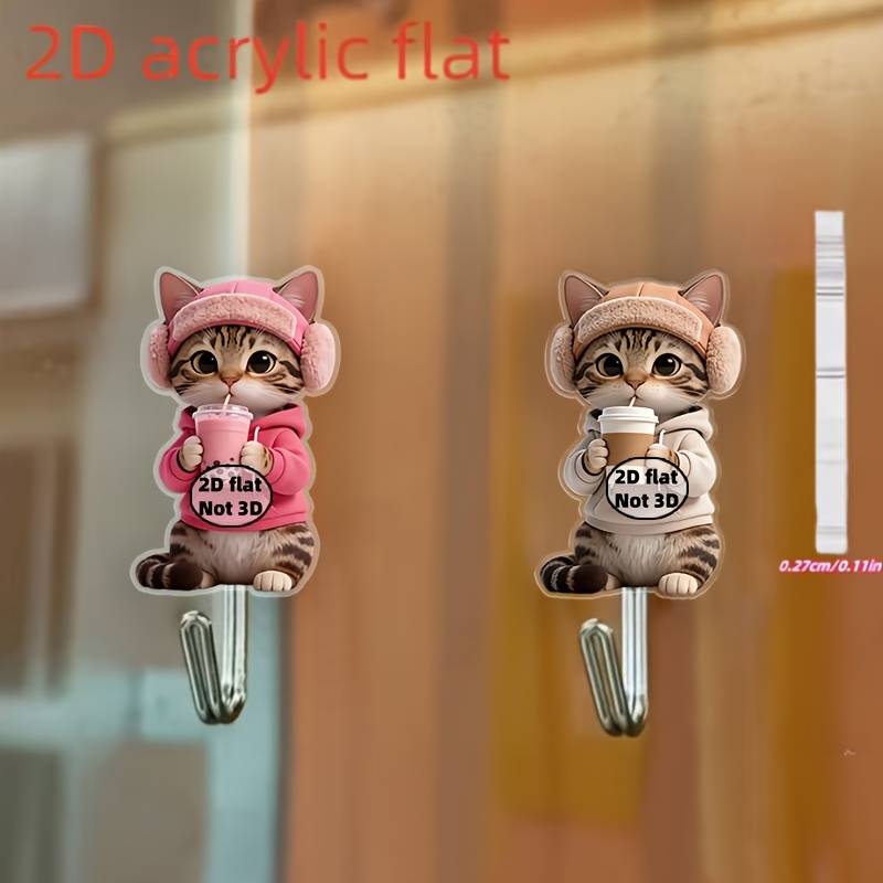 TEMU 2 pezzi Gancio ausiliario piatto 2D, gancio autoadesivo con motivo a tigre che beve bevande, per cucina, bagno, decorazione della , portachiavi,