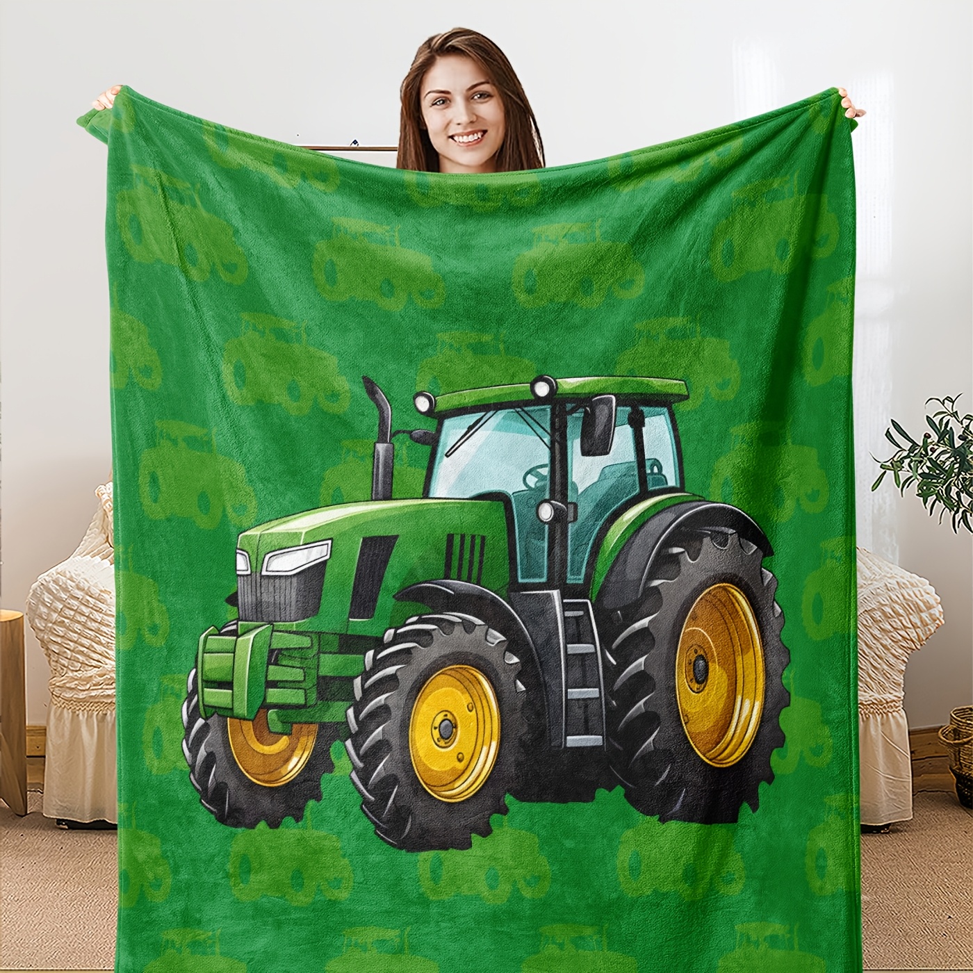 

Couverture en Flanelle Vintage avec Dessin de Tracteur - Cadeau pour Hommes, Idéal pour Anniversaires & Noël, Confort Toutes , Lavable en Machine, Vert