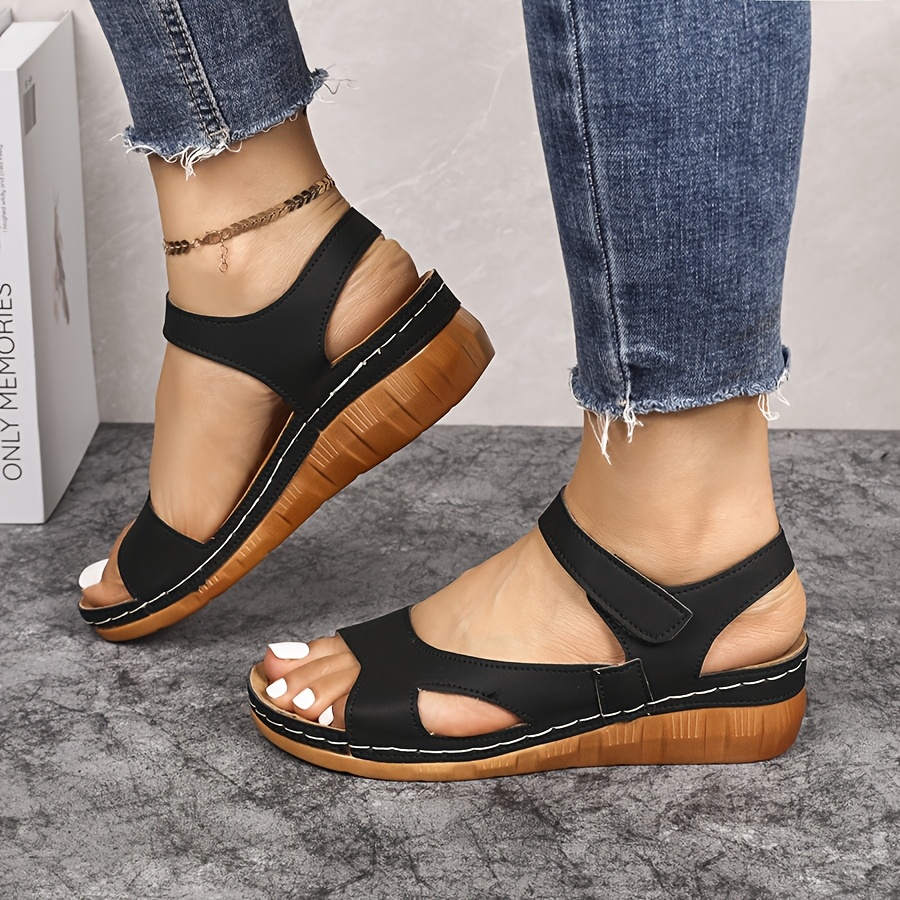 Women'S Summer Platform Sandals Open Toe Thick Sole Casual with  Adjustable Hook-and-Loop Straps, White Black PU Material for Comfortab