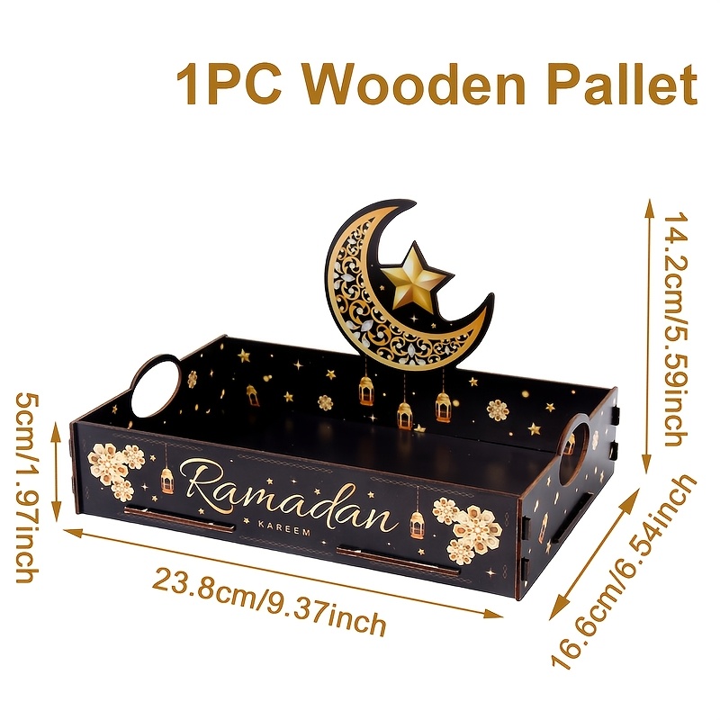 1pc, Ramadan Kareem Wooden Storage Box, Black Pattern Rectangular Decor Pallet With Handles, Ramadan Decoration For Home, Ramadan Mubarak Eid Al-fitr Gifts, Party Open Storage Box
