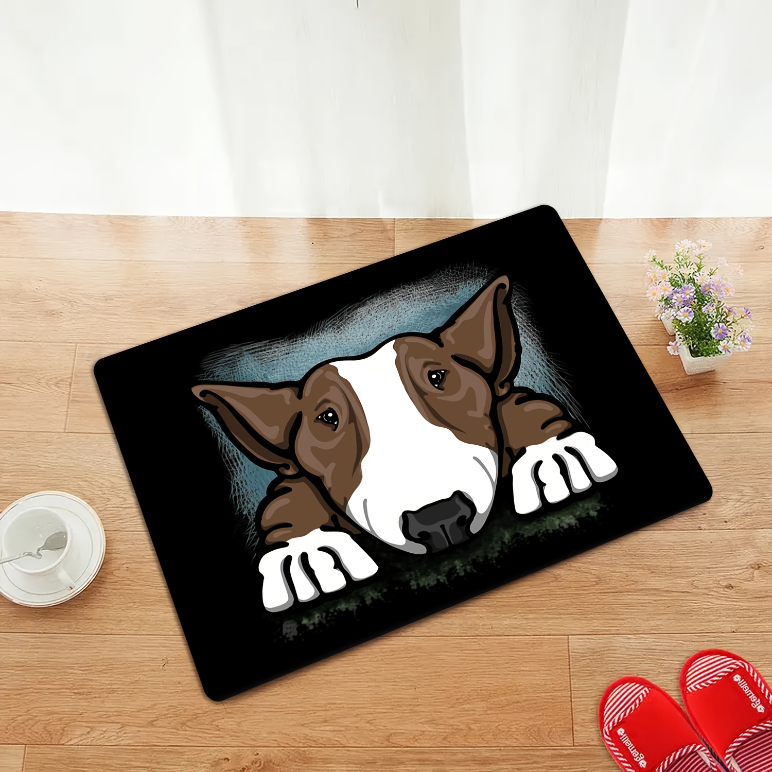 TEMU 1pc Tapis décoratif intérieur Bull Terrier 'Où ?', en flanelle douce, antidérapant et lavable, adapté pour entrées, salons, couloirs, chambres à