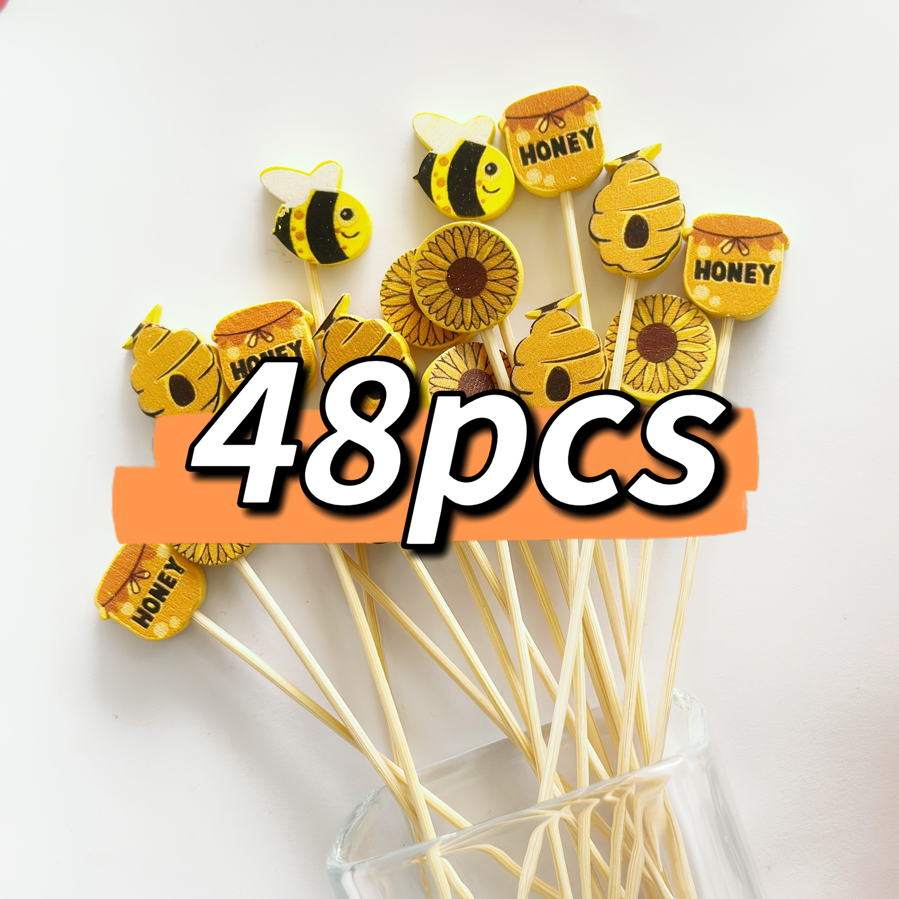 Image of Bee Sunflower Picks Bee Cupcake Toppers Sunflower Bamboo Toothpicks Decorative Appetizer Skewers For Cake Decorations Birthday Party Supplies(48/96pcs,random Style)