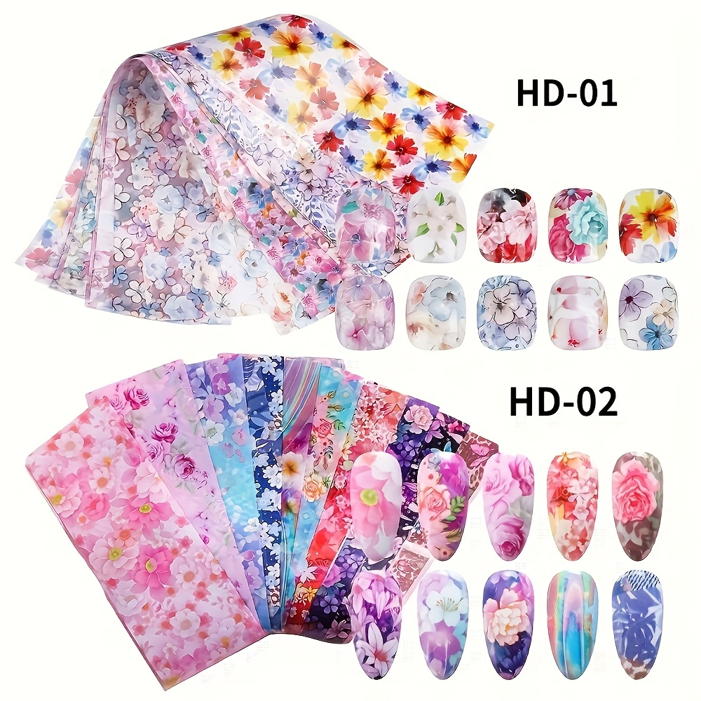 20pcs Floral Nail Transfer Foil - With Glitter Patterns, Pre-cut Glossy Plastic Stickers For Japanese/korean Style Diy Manicure, Nail Art Supplies, Pastel Decorations
