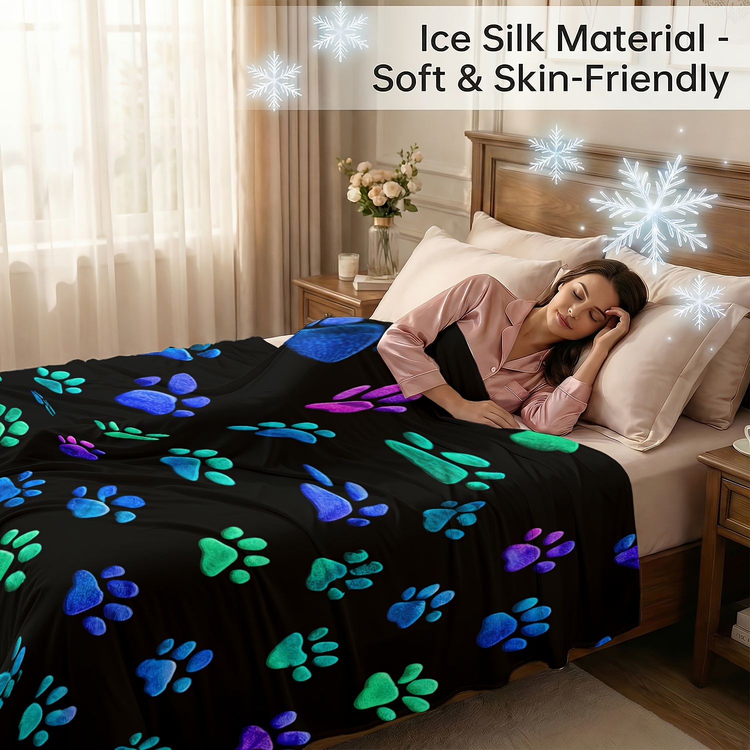 TEMU [jit ]1pcs Cooling Blanket, Refreshing Retro Dopamine Style With Paw Print 2d Flat Print, Summer Cooling Blanket Suitable For Hot Sleepers-