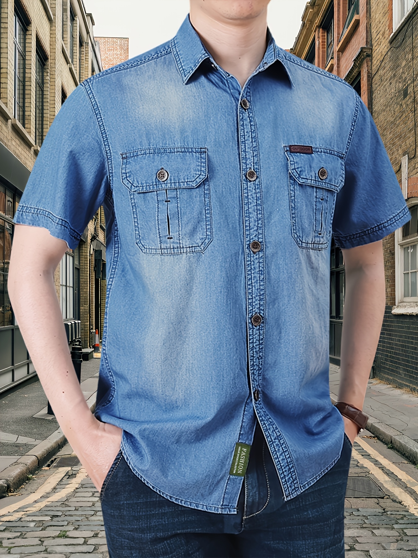 1pc of Retro Fashion Denim Short-Sleeved Shirt, Thin Style, Men'S Casual Multi-Pocket Workwear Denim Shirt. High-Quality Material, Soft And Comfortable, Wear-Resistant, Durable, And Wrinkle-Resistant. Two Chest Pockets Design