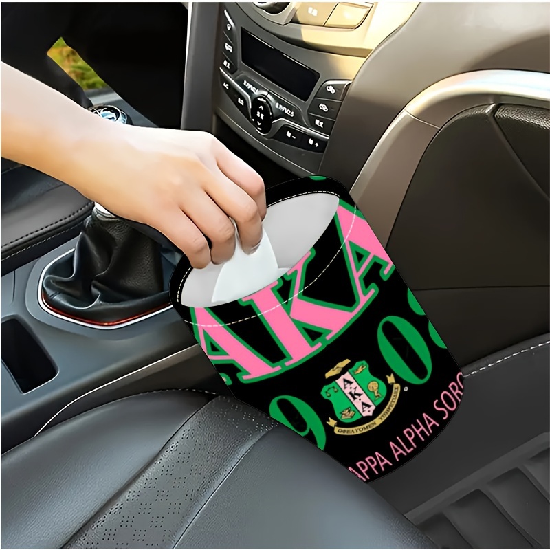 

1pc Aka Sorority Car Trash Can, Pvc Car Garbage Bin, Portable Waste Container Organizer With Lid For Women, Vehicle Interior Accessories For Camping Kitchen Decor