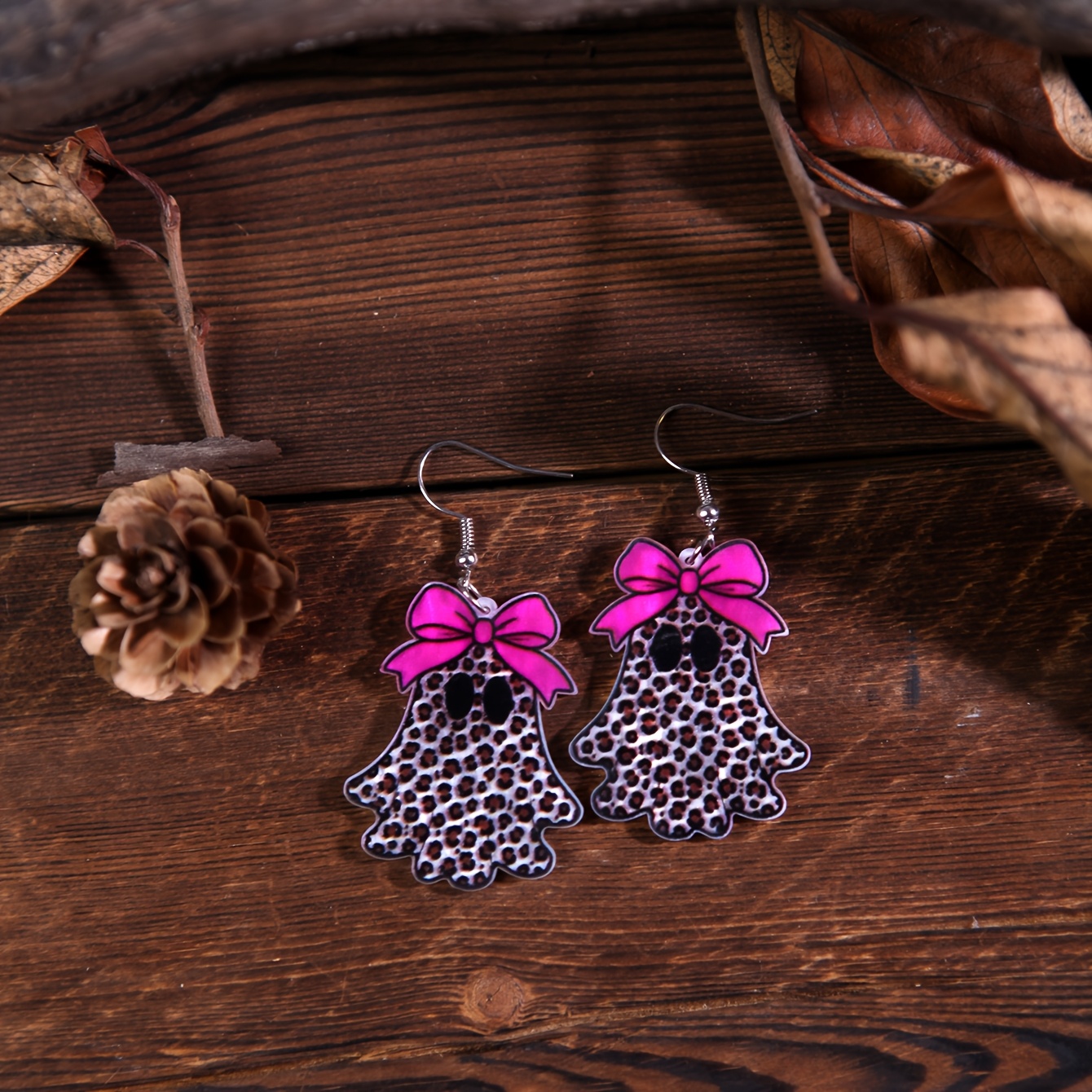 Handmade Glossy Resin Dangle Drop Earrings with Cherry Leopard Print
