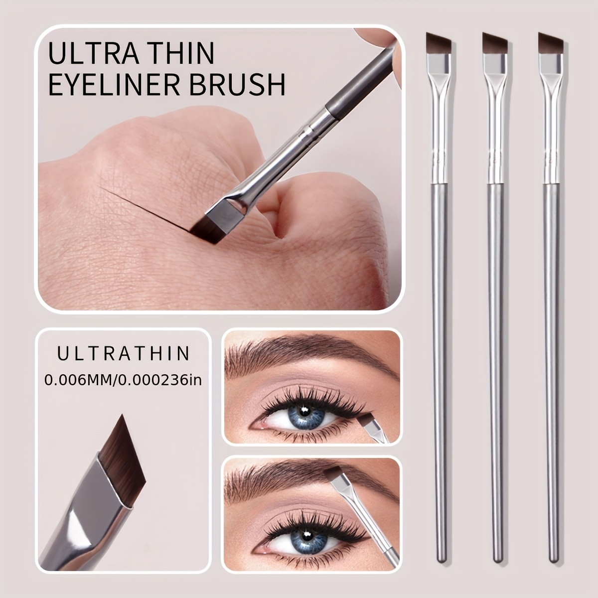 3 Silvery Eyeliner Brushes With Soft Bristles, Eyebrow Brush, Portable Multi-functional Makeup Tool