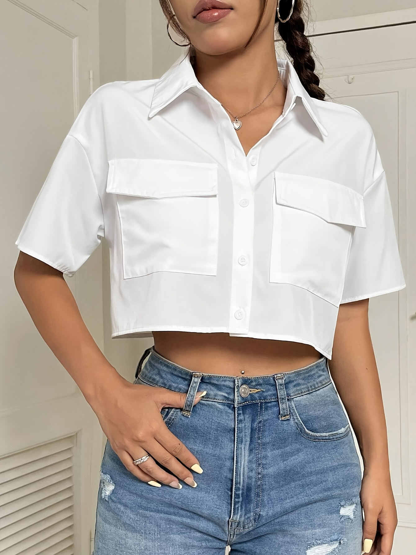 camisa corta manga corta mujer diseño bolsillo cuello Temu Spain