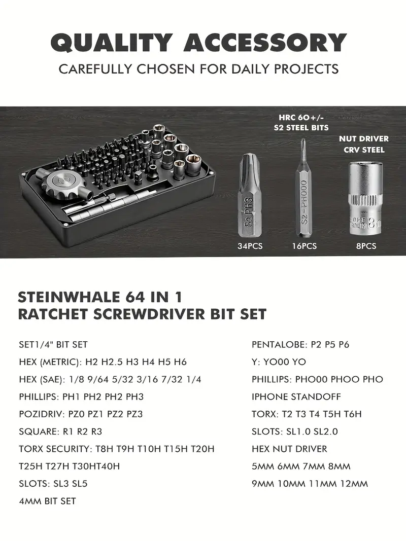 64in 1 gearless ratchet screwdriver bit set flat handle for narrow space magnetic assembly 1 4 inch bit set 27 crv nut drivers 16 4mm bit set 8 suitable for repairing mobile phones computers cameras home appliances furniture bicycles etc Product details 0
