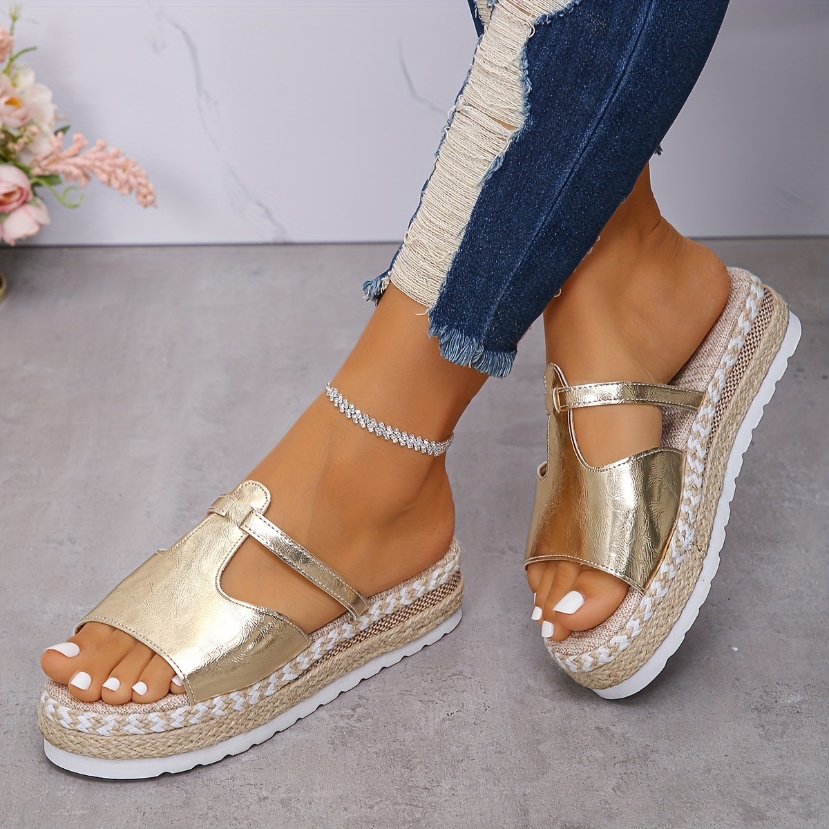

Women's Metallic Platform Sandals, Casual Open Toe Flat Summer Shoes, Comfortable Slip On Sandals