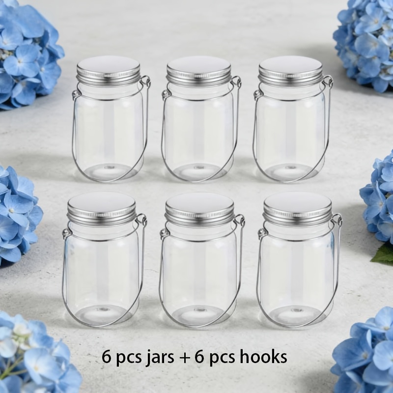 Image of 12pcs Mixed Set Plastic Mason Jars With Hooks, Includes 6 Jars + 6 Lids, Hanging Decorative Jars For Outdoor Garden, Patio, Porch Ambiance, Diy Home Vase Ornaments