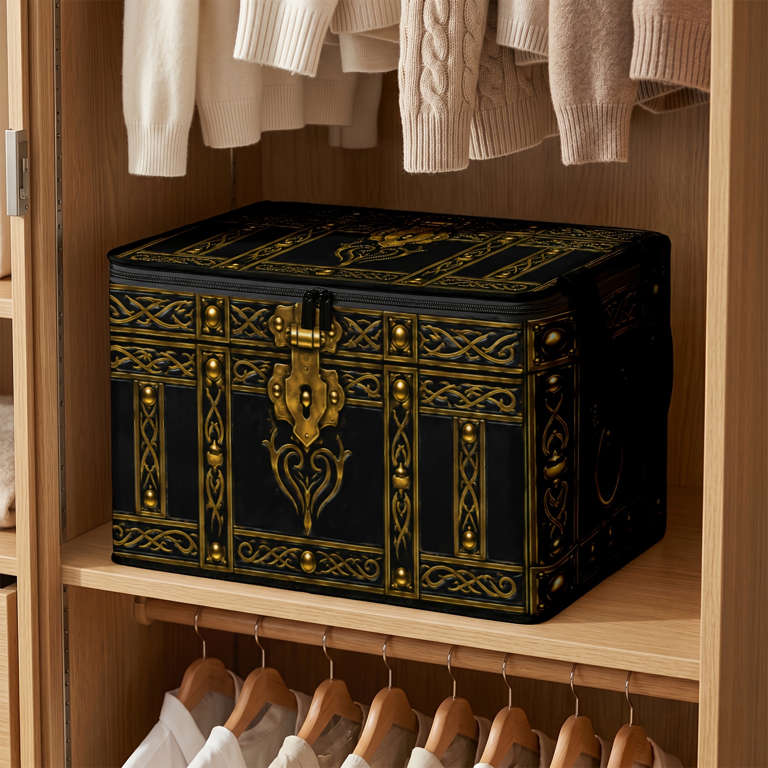 TEMU 1pc 1pc Black Golden Vintage Metal Door Ring Pattern Large Capacity Storage Box, Reinforced , Exquisite Carved Rivet And Lock Closure Visual,