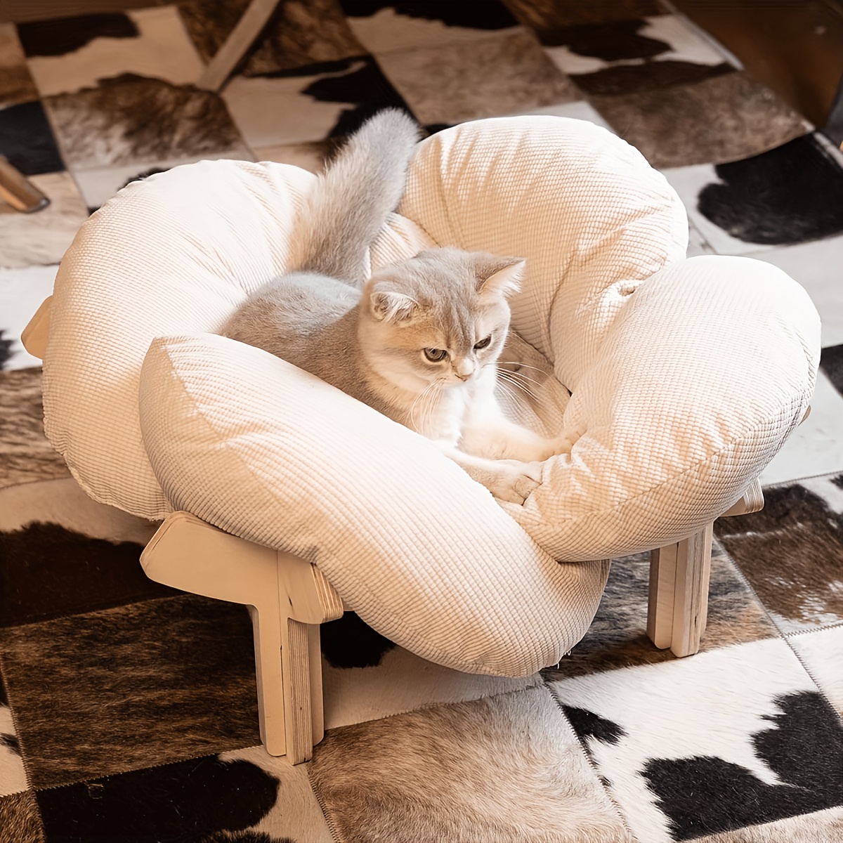 Image of Wooden Cat House, Pet Sofa, Wooden Mat, Fluffy Pet, Indoor Cat Perch, Kitten Resting Chair, Suitable For Small Dogs And Cats, Not Textile