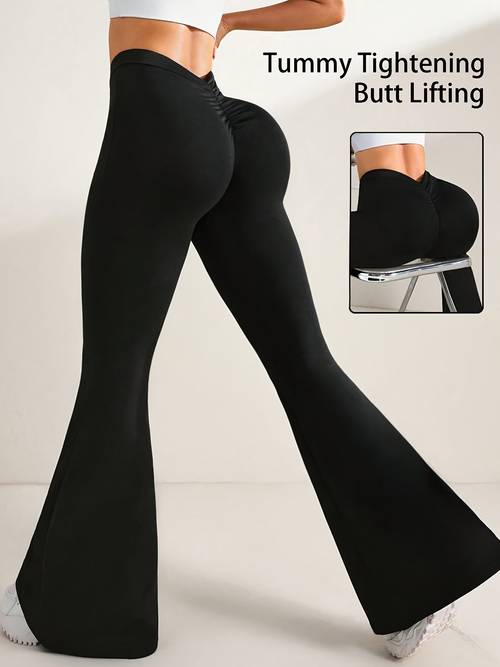 1pc v shaped hip with elastic ruching high waisted hip lifting womens micro flared pants