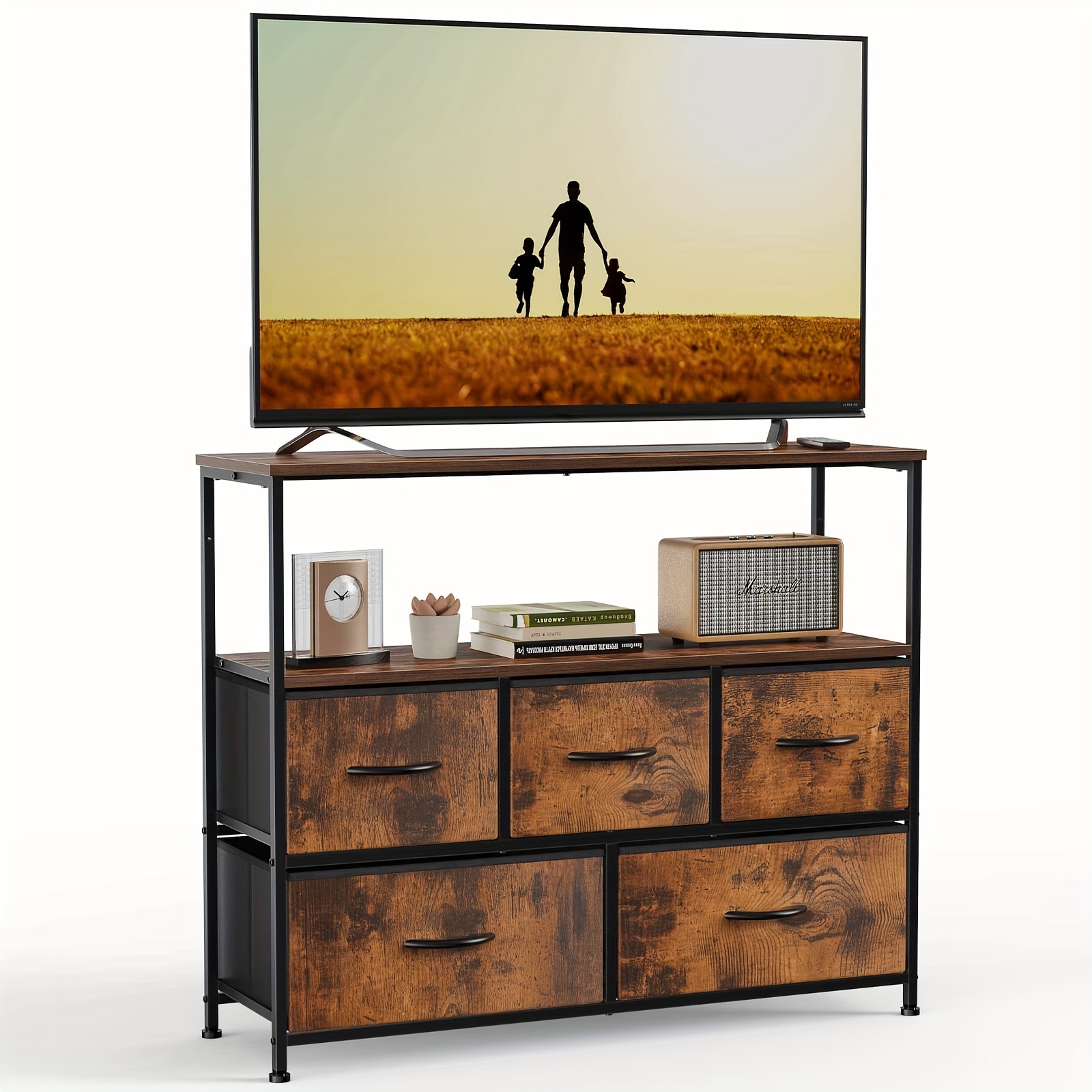 

Dresser Tv Stand, Entertainment Center With 5 Fabric Drawers, Media Console Table For Tv With Open Storage Shelf Dresser For Bedroom/living Room/hallway