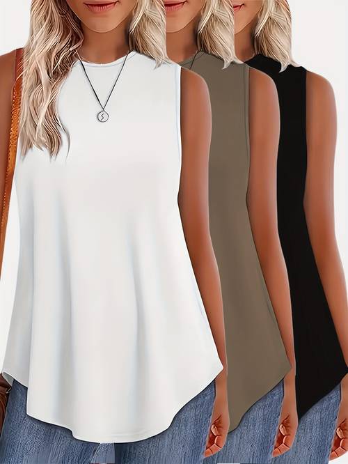 3pcs set solid color womens casual sleeveless vest loose fit round neck medium stretch machine washable and elegant casual versatile