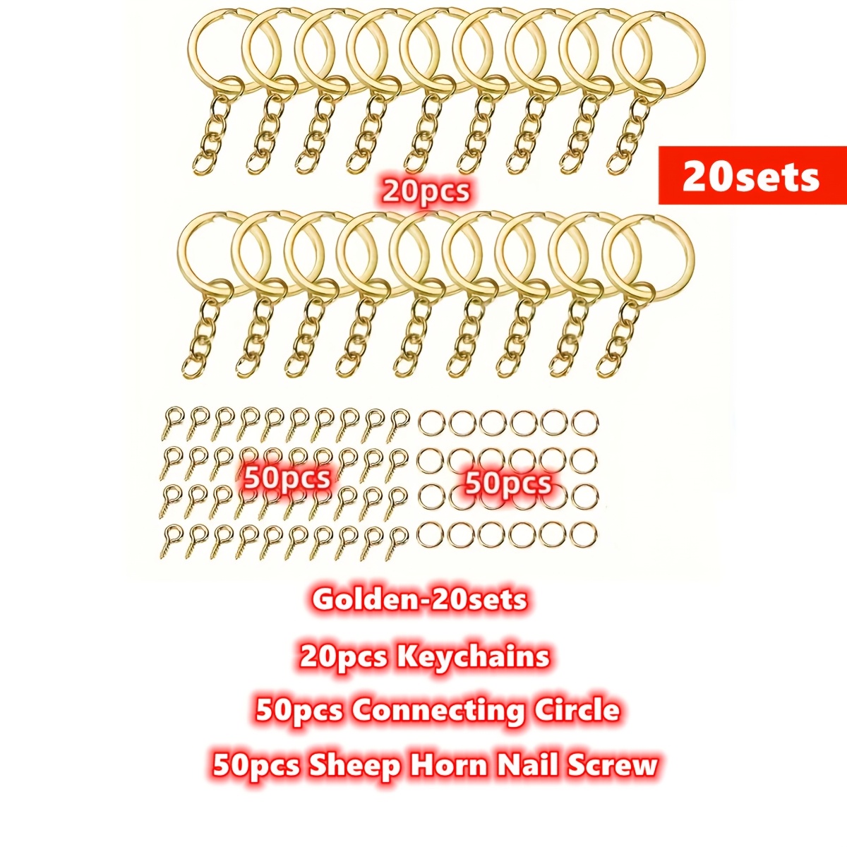 TEMU 20sets (20pcs Keychains And 50pcs Connecting Circles And 50pcs Sheep Horn Nail Screws) Keychain Jump Rings Kit - Mini Pin Pendant For Earring