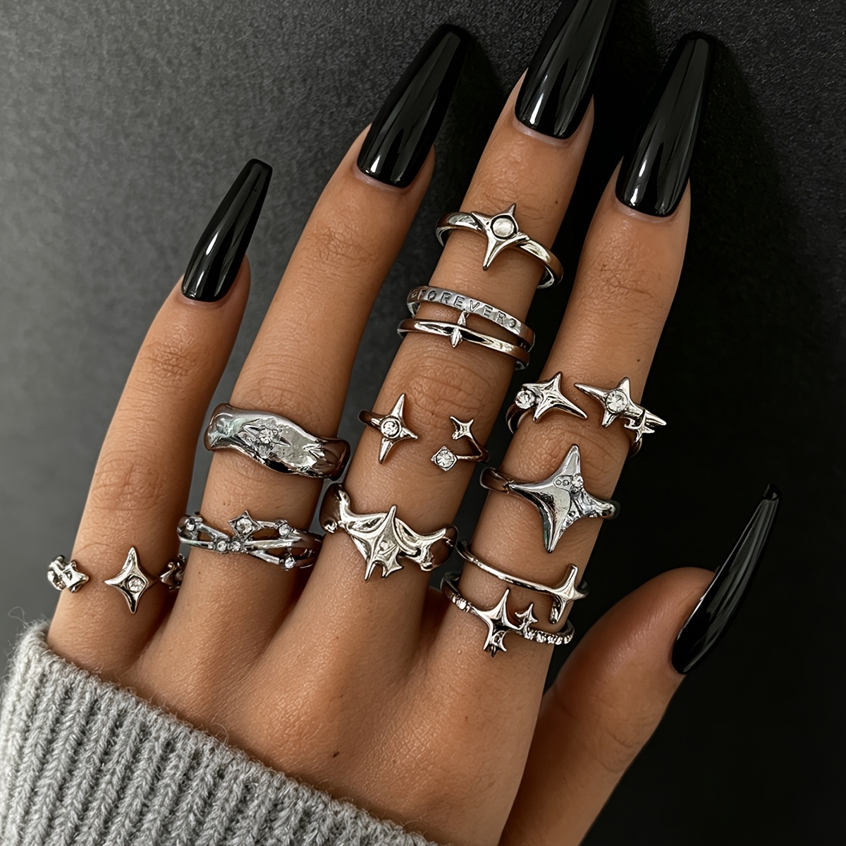 TEMU 10pcs Alloy Rhinestone Inlaid Letter Ring Set, Fashion Y2k Sweet & Edgy Gothic Starburst Stackable Ring Set For Women, Vacation Party Gift Set