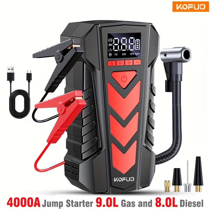 item picture KOPUO 5-In-1 Car Jump Starter with Intelligent Safety Clamps And Air Pump | 4000A Battery Booster for 9.0L Gas And 8.0L Diesel Vehicles, Suvs, And Rvs | 150PSI Wireless Inflator, 3-Mode LED Light, 12V Charger (Cold Start at -40°C) Ultimate