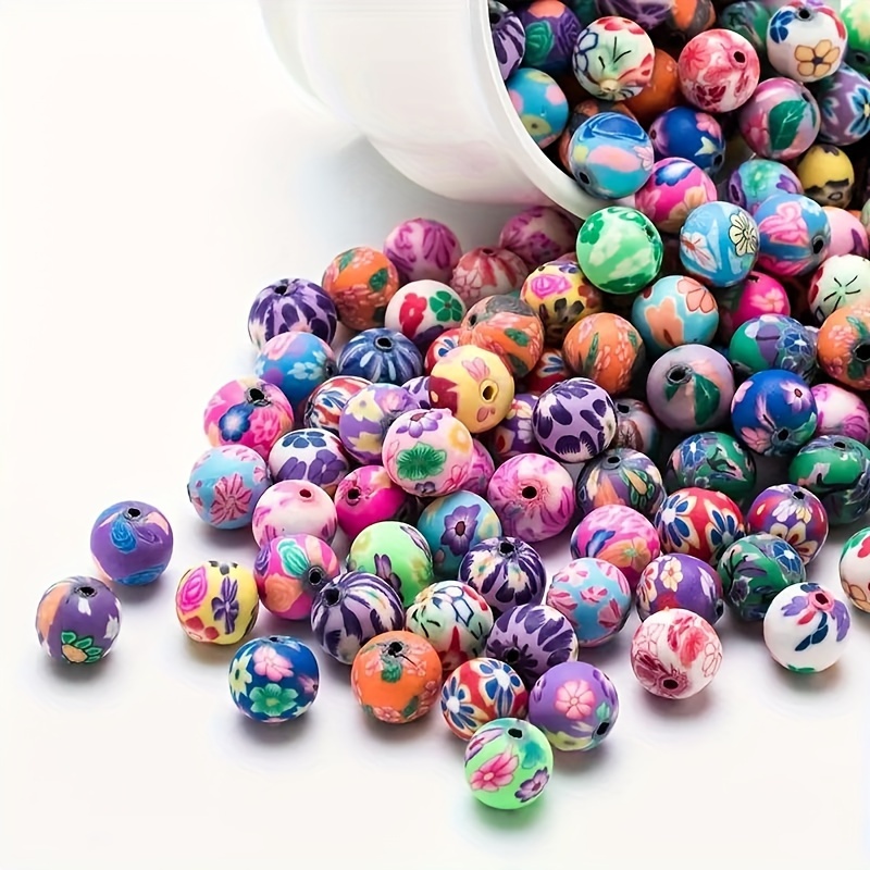 Image of 60pcs Multicolor Floral & Fruit Polymer Clay Beads - Durable Round Craft Beads For Making, Necklace Bracelet Keychain Accessories, Vibrant Artistic Designs, Beads For Jewelry Making Bulk