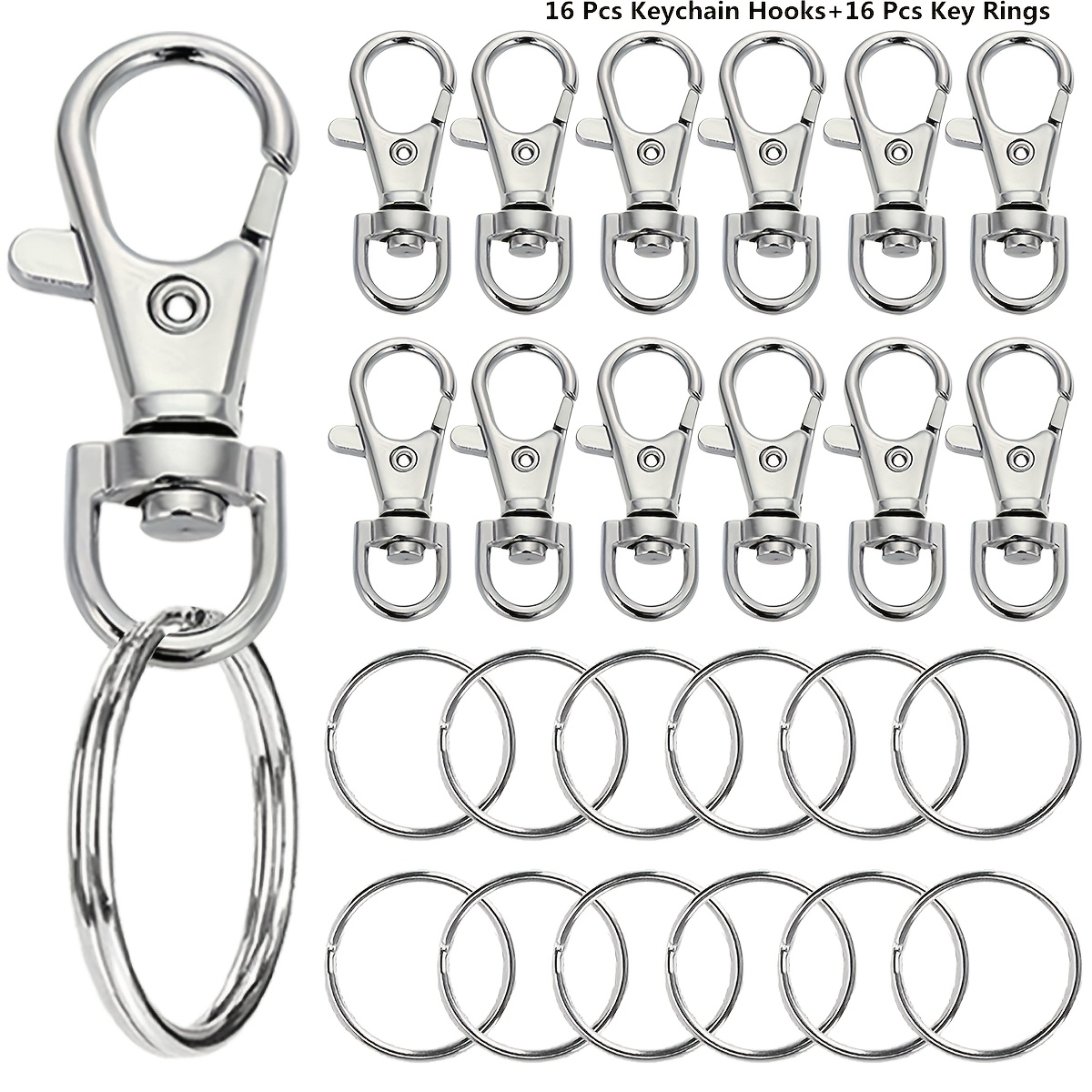 TEMU 32pcs High Quality Rotating Snap Hooks With Rings(16pcs Keychain Hooks And 16pcs Key Rings) Suitable For Keychain Clips Lanyards Bags Wallets