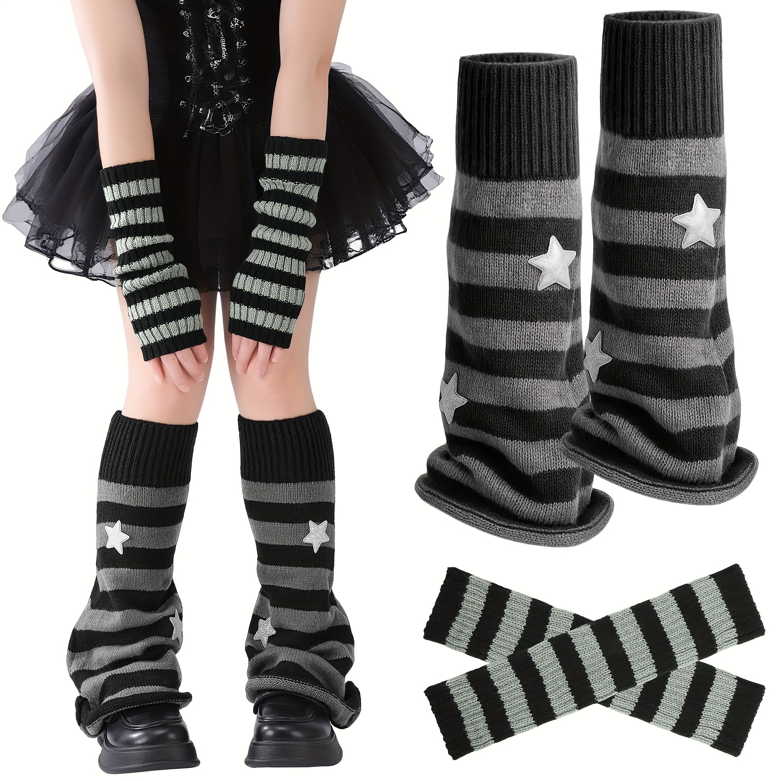 E-shop 2er Set Stern gestreifte Beinwärmer, gestreifte Ärmel, Retro Street Style Y2K Mode, warmer Anzug, geeignet für Damen Alltagskleidung