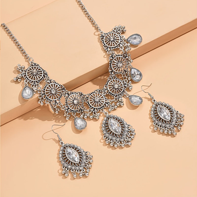 vintage exquisite flower pattern synthetic gems inlaid dangle earrings necklace luxury ethnic style silver plated jewelry jewelry set gifts for women gifts for eid details 2