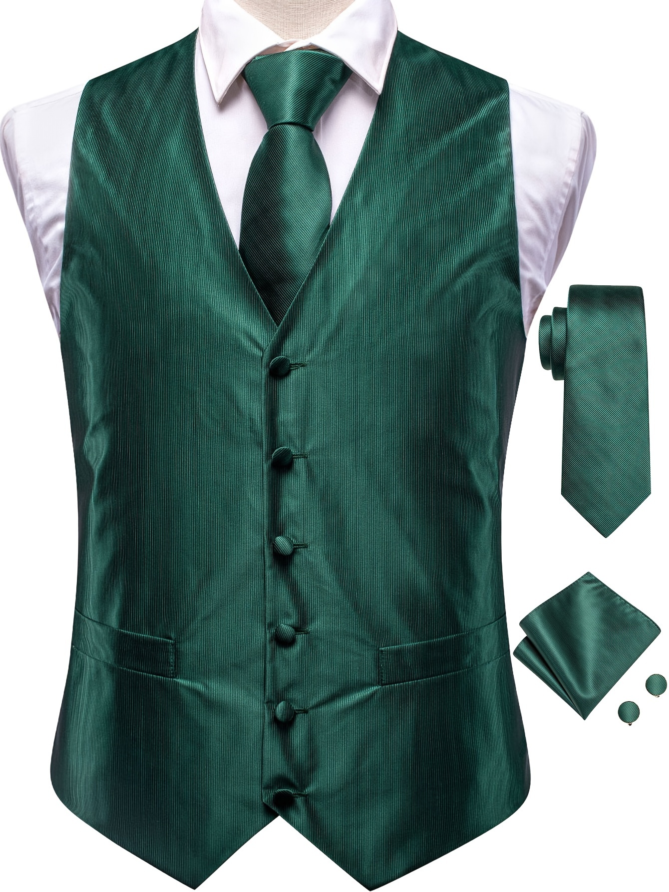 Mens Green Plaids Solid Dress Vest Waistcoat Formal Casual Tuxedo Suit Neck Tie Hanky Set