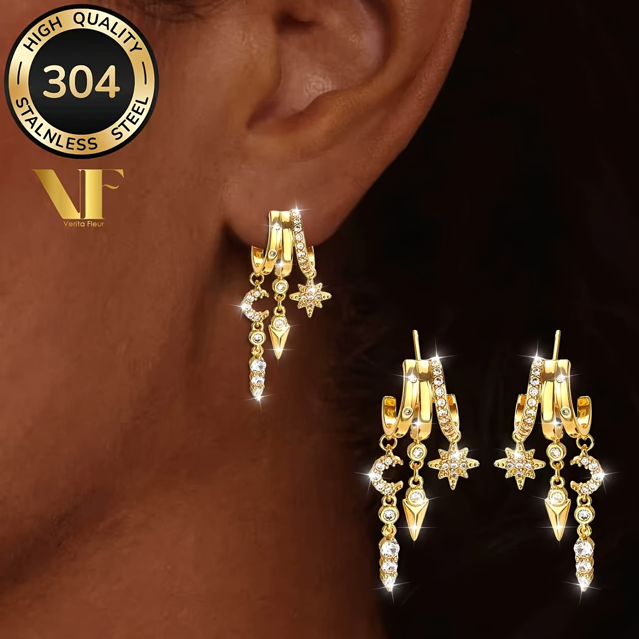 Women's Moon Star Tassel Pendant Stud Earrings, Bohemian Style