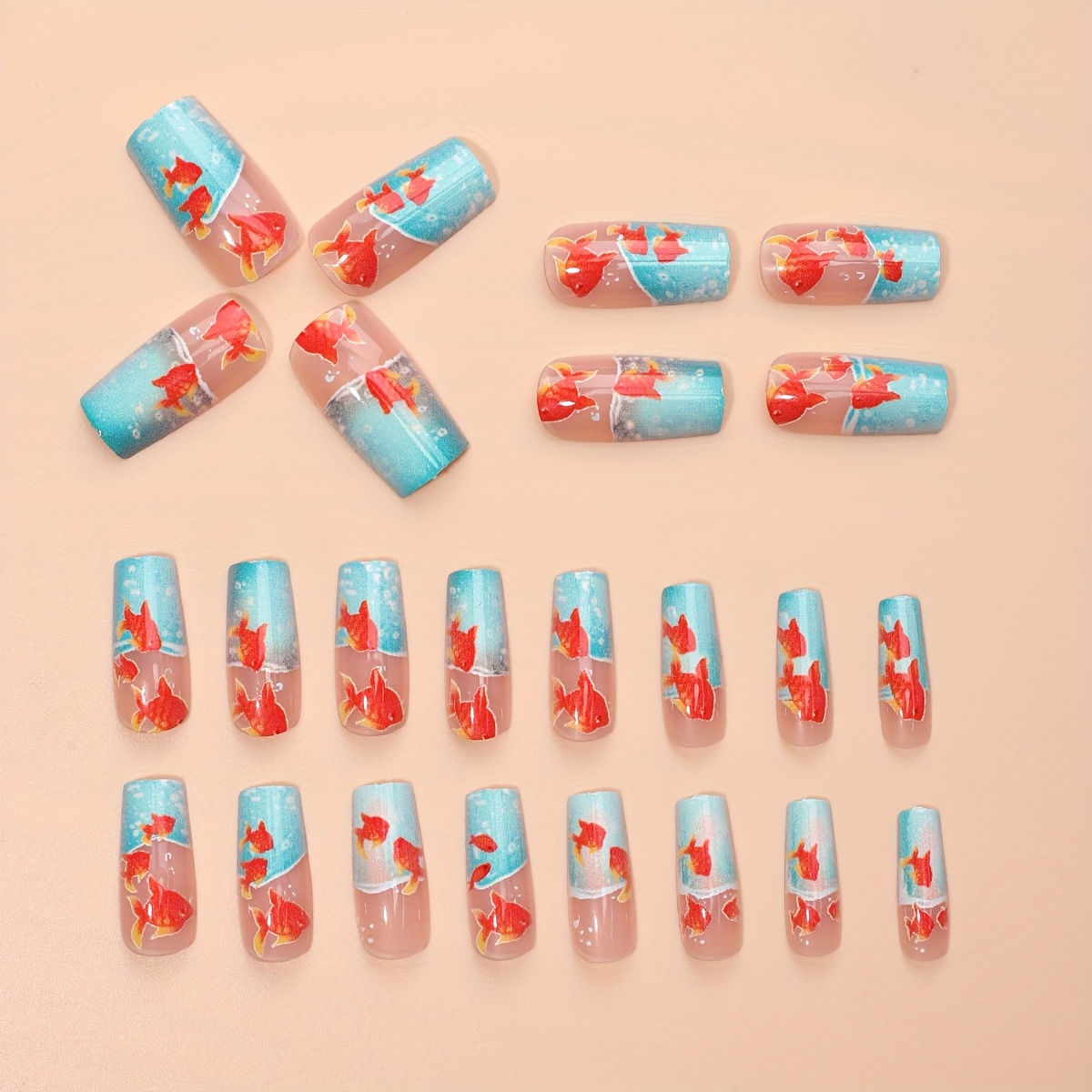 24pcs square medium length press on nails fish tank goldfish design with glossy   red teal aquarium theme   jelly   file for easy application goldfish tank   beauty accessory durable pressons