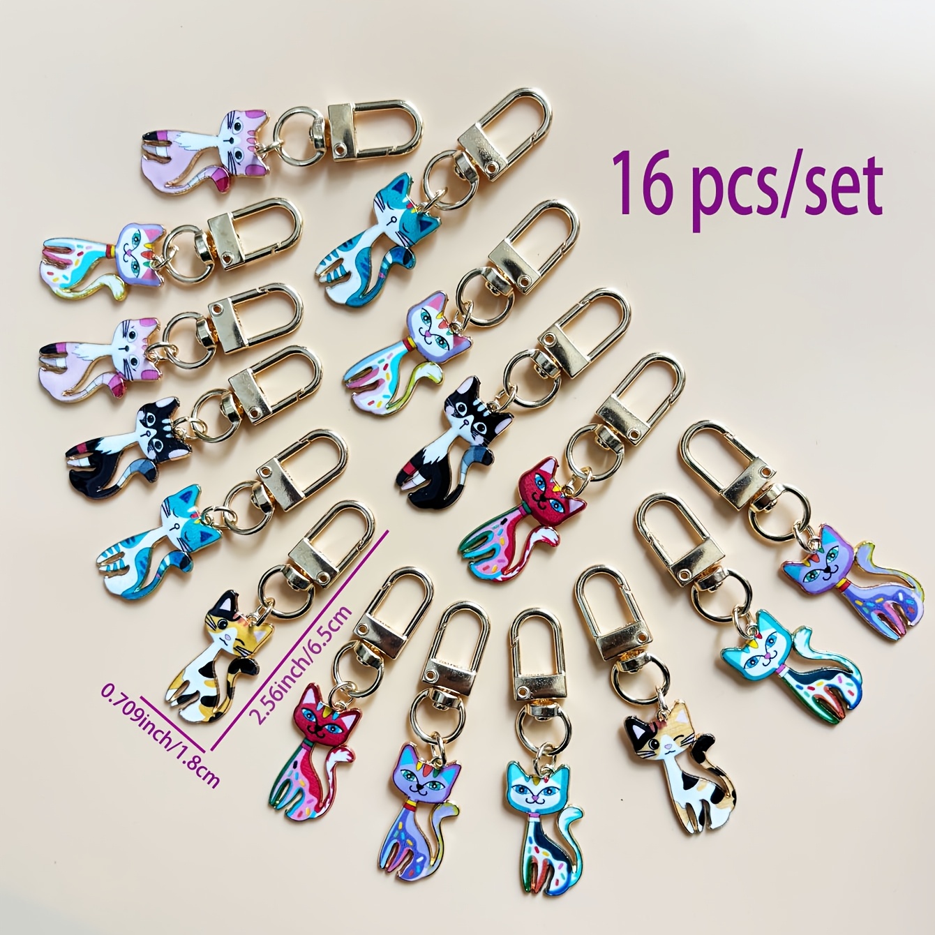 TEMU 16 llaveros de gato con estampado adorable, dijes de gato multicolores, material de aleación de , llavero para mujer, colgante de animal de