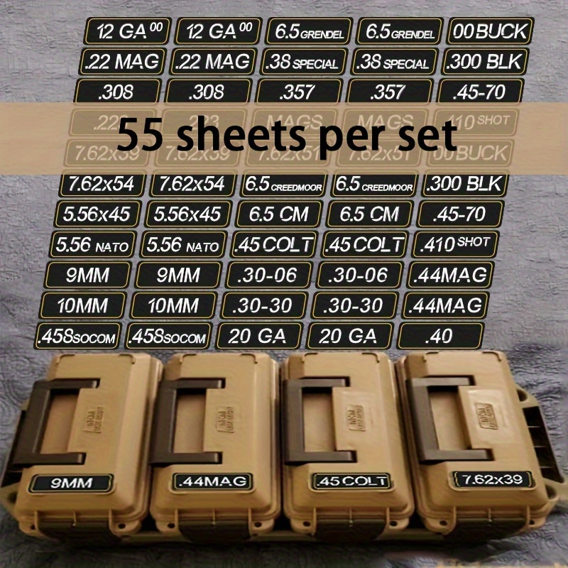 

55-piece Bullet Sticker Set For Ammo Cans - Decorative Labels For.357,.223,.308,.40,.30-30,.458, 20ga, 7.62x54,.38, 44mag & More