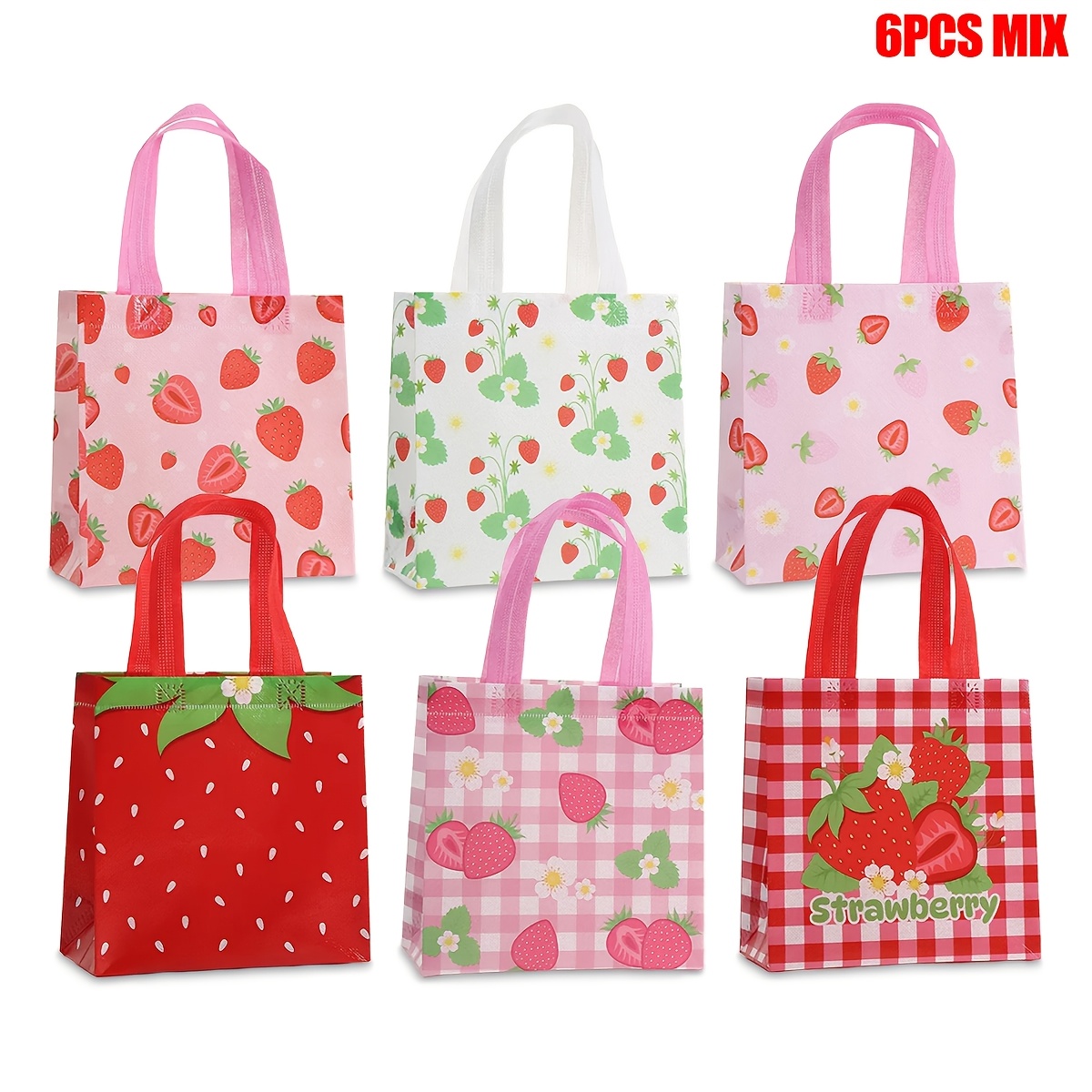 TEMU 6/12pcs Pink Strawberry Pattern Printed Non-woven Shopping Bag, Perfect For Party, Birthday Atmosphere Decoration, Themed For Party Favor