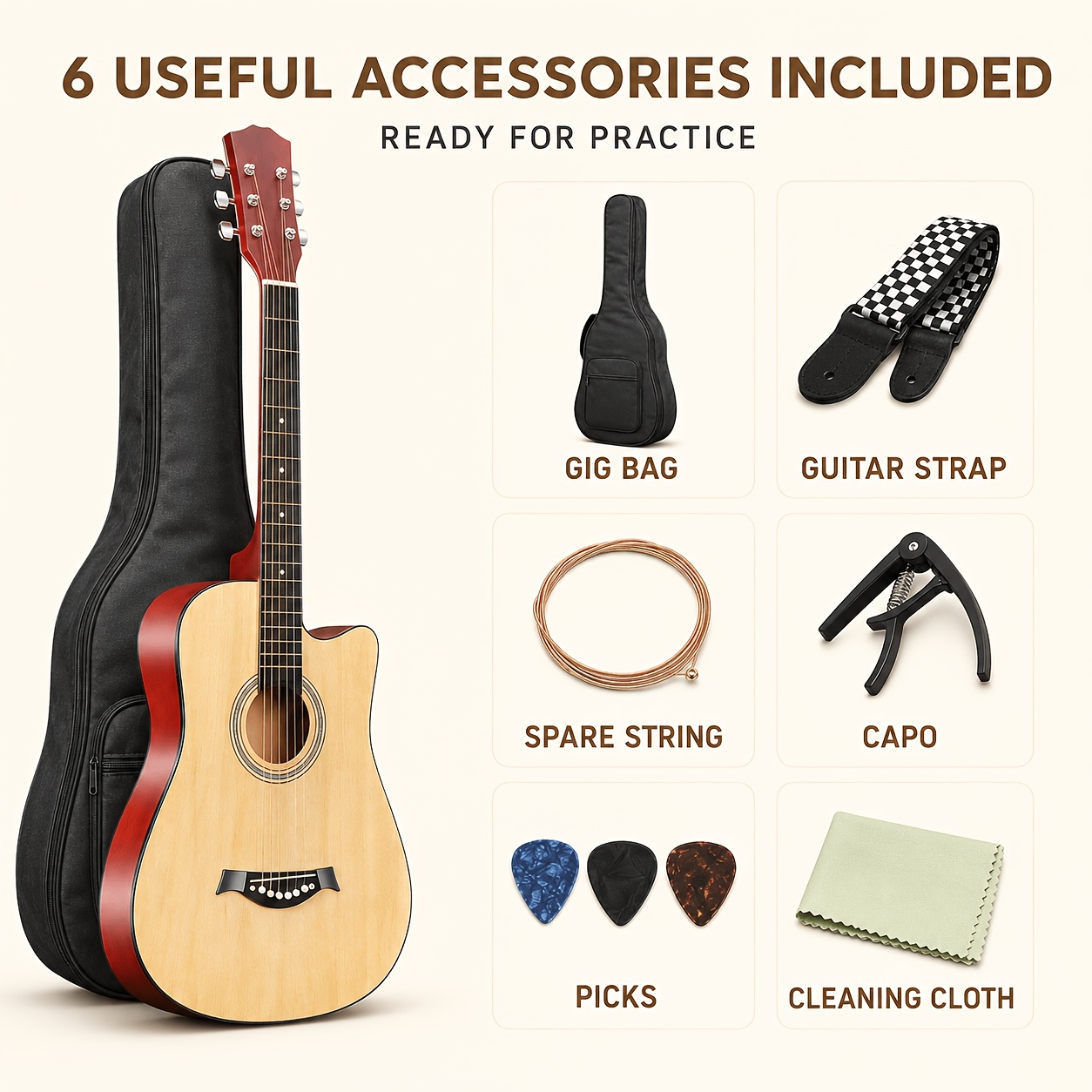 38 Inch Entry Cutaway Acoustic Guitar, User-Friendly Design for... product image 9