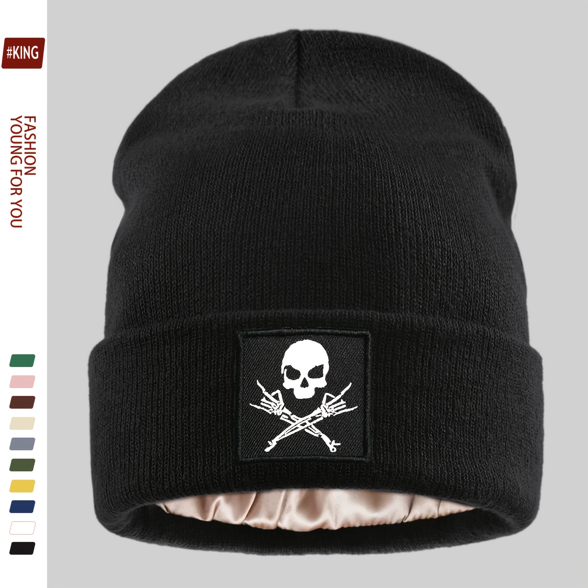 TEMU 1pc Dark Gothic Style Skull And Crossed Hands Solid Color Minimalist Brimless Beanie With , Suitable For Goth Enthusiasts And Heavy Metal Fans,