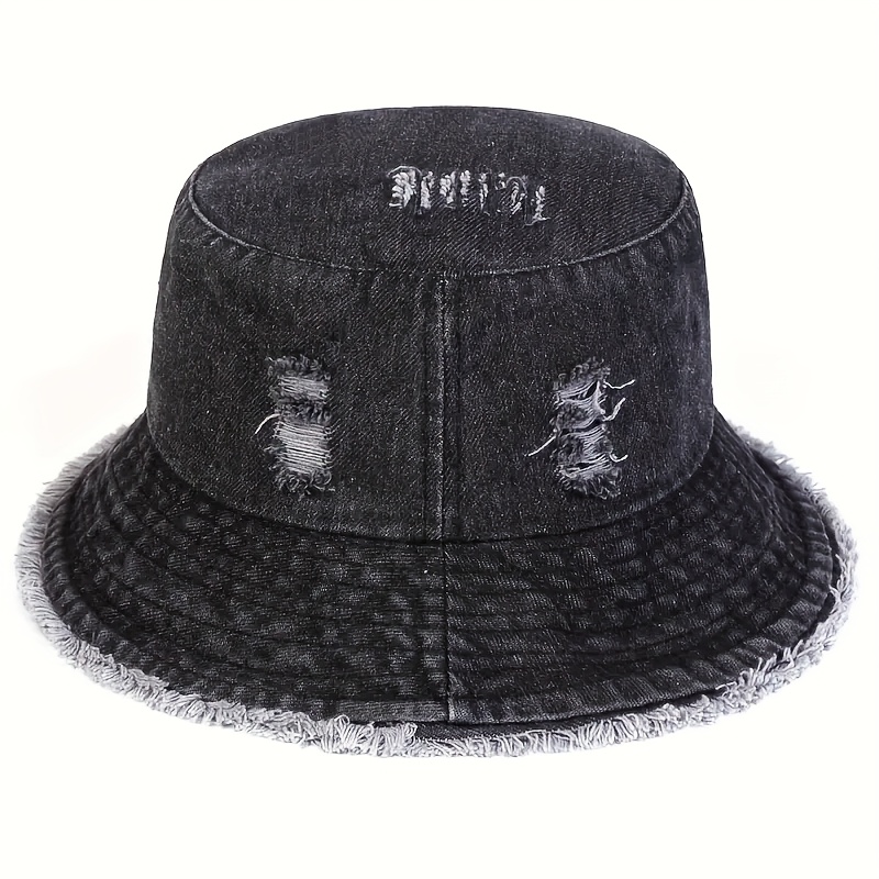 TEMU 1pc Men's Holes Denim Bucket Hat, Lightweight Polyester Striped Sunscreen Leisure Hat For Spring, Autumn, Travel, , Beach Vacation, Easter Occasion, Machine Washable,