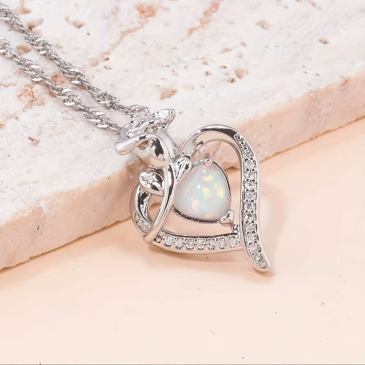 S925 Heart Pendant Necklace Opal CZ Girlfriend Gift
