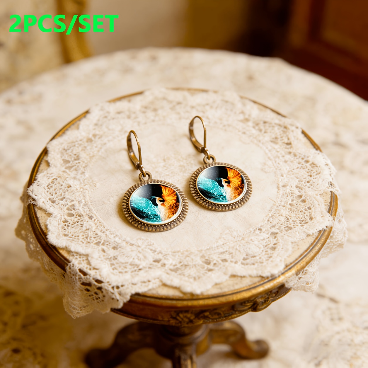 2pc Phoenix Pattern Blue Red Pendant Earrings Set